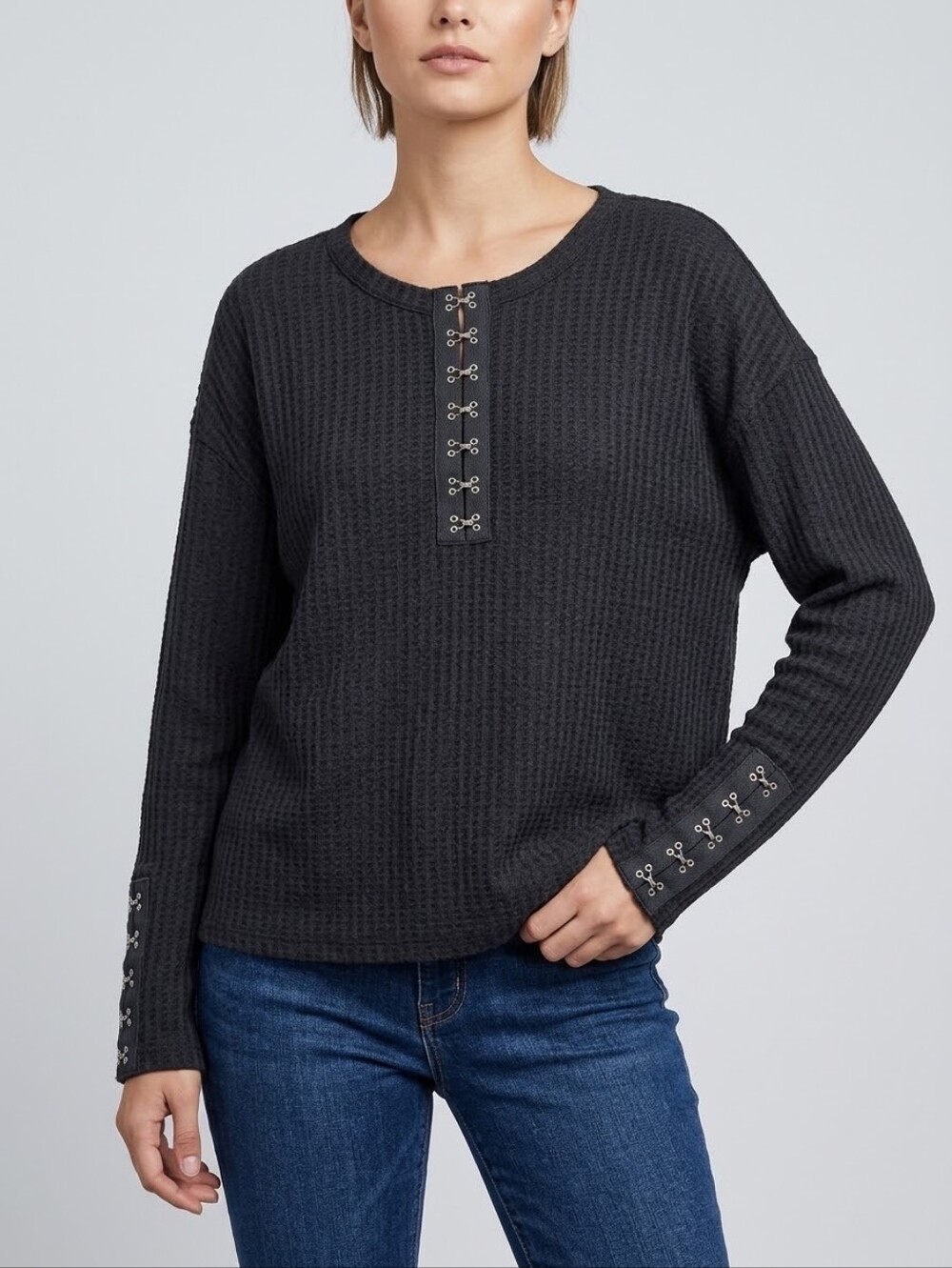 Chaser Black Waffle Knit Hook & Eye Thermal Linen Blend Long Sleeve Top S Boho